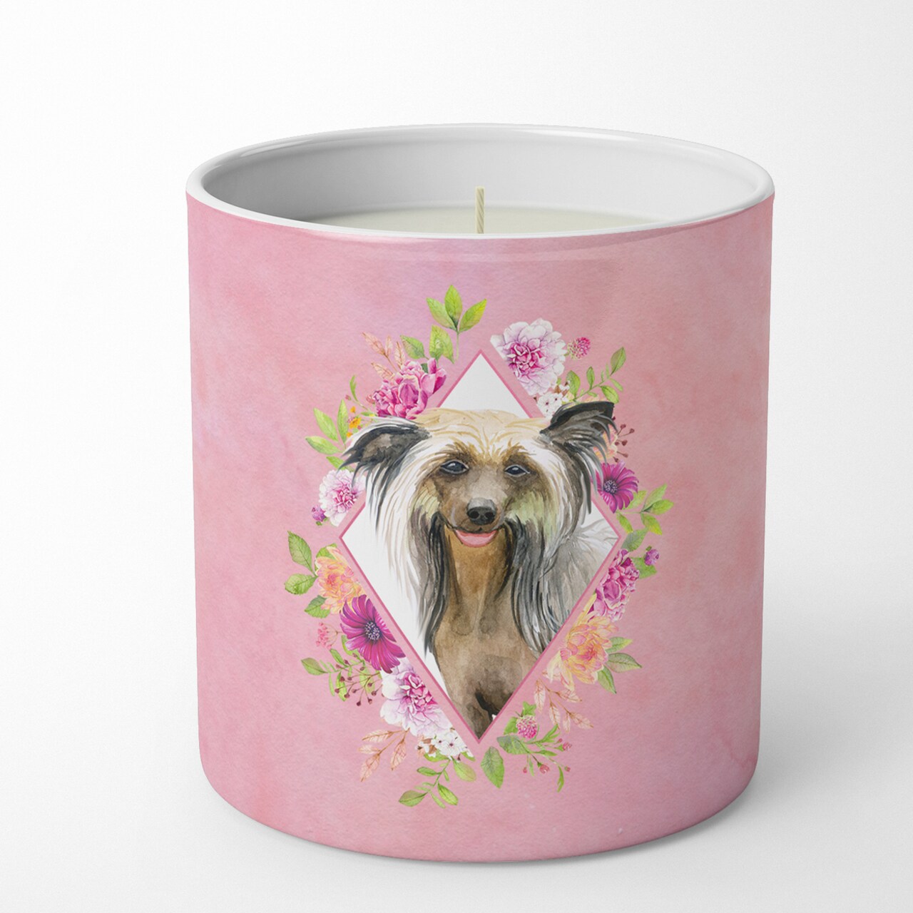 Caroline's Treasures Chinese Crested Pink Flowers 10 oz Decorative Soy Candle